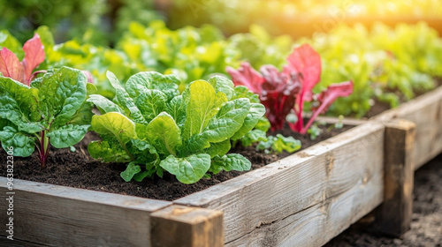 vegetable garden flourishing in a raised wooden bed. Lush green plants and vines cover the area, showcasing fresh produce, symbolizing growth, abundance, and the rewards of nurturing nature