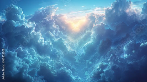 Panoramic view featuring a heart-shaped motif in turquoise blue and deep purple, set against a tranquil landscape with soft light beams piercing through fluffy clouds. Serene landscape concept