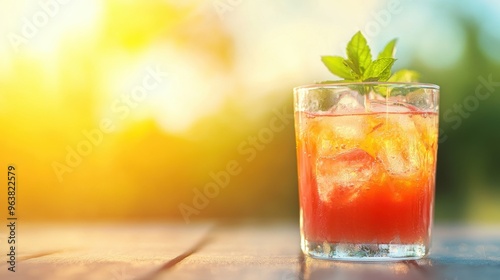 A vibrant watermelon drink in a glass with ice and mint sits on a table, perfect for enjoying the warmth of summer outdoors