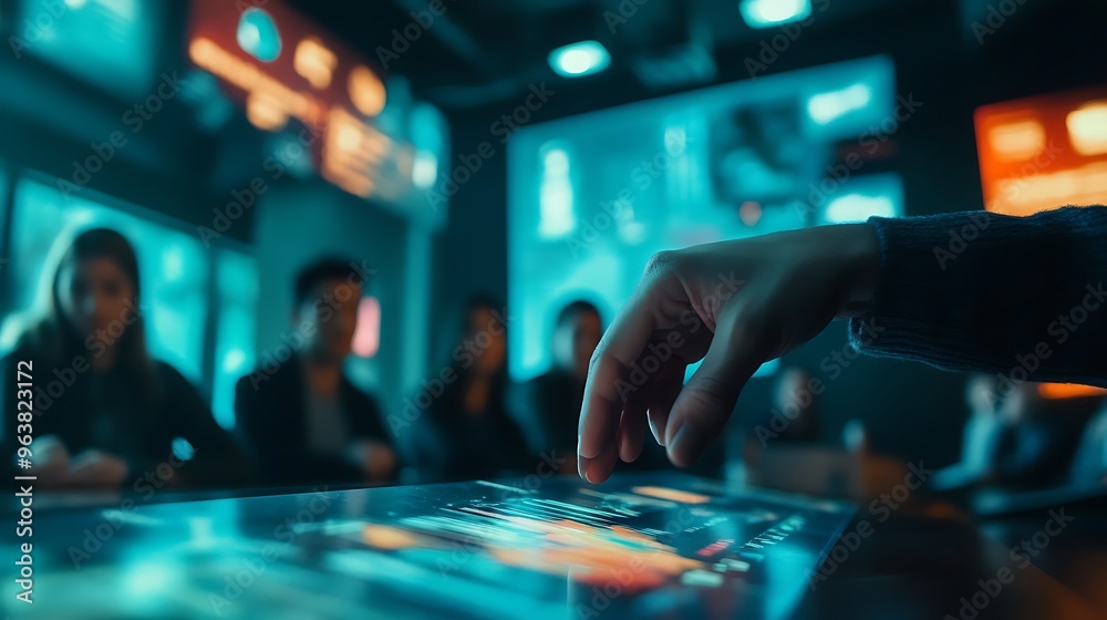 Hand Interacting with Interactive Touchscreen Display Hand Interacting with Interactive Touchscreen Display