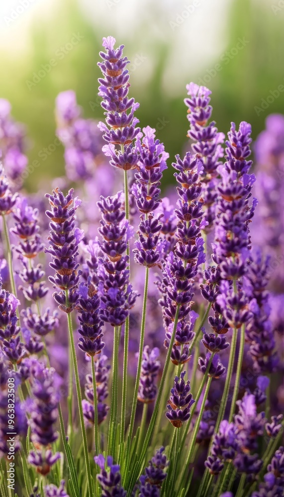 Naklejka premium Close-up of Purple Lavender Flowers with Green Stems in a Field