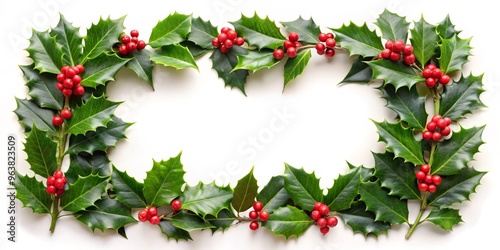 Holly Sprig Frame - Green Leaves and Red Berries on White Background, Christmas, Holiday, Festive, Decoration