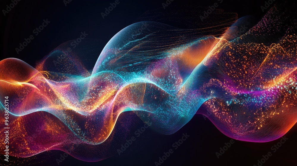 Obraz premium Sound waves merging with light waves in an abstract design, highlighting the interconnectedness of sensory experiences