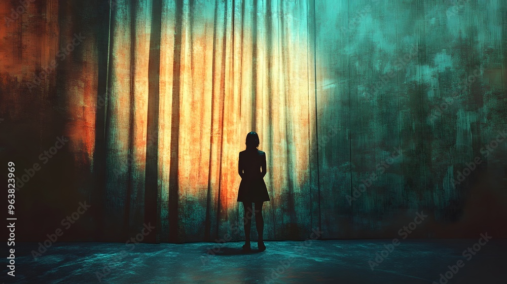 33. A person standing in front of a curtain 33. A person standing in front of a curtain