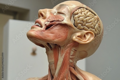 Cerebrovascular reserve Schwann cells and superior colliculus anatomical side view of human head with muscle structure and brain exposure photo