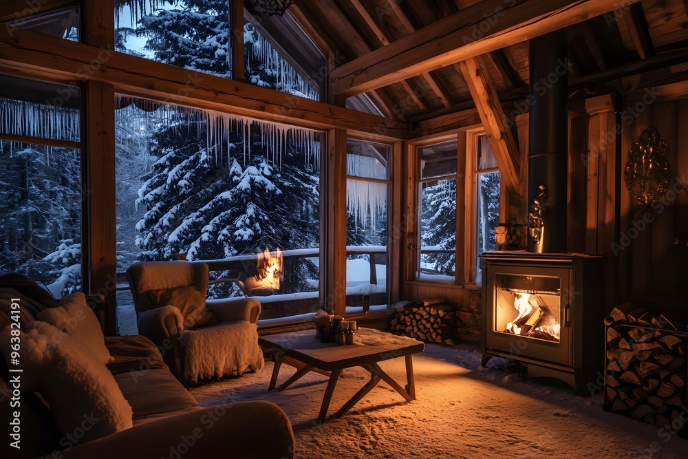 Inviting snow-covered cabin living room with a glowing stove and beautiful winter scenery. Cozy atmosphere concept Inviting snow-covered cabin living room with a glowing stove and beautiful winter scenery. Cozy atmosphere concept