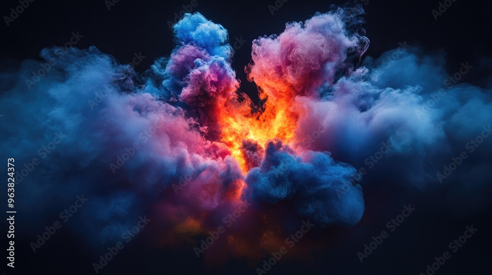 A conceptual art piece with a gas explosion frozen in time, the vibrant cloud of gas captured in mid-air against a dark background. A conceptual art piece with a gas explosion frozen in time, the vibrant cloud of gas captured in mid-air against a dark background.