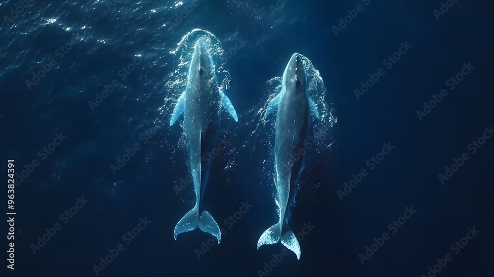 Two majestic whales swimming gracefully through deep blue waters. Two majestic whales swimming gracefully through deep blue waters.