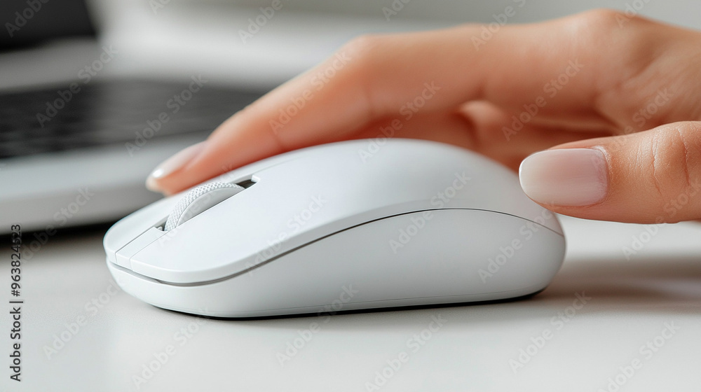 woman's hand using a sleek, white wireless mouse on a modern desk. The elegant design and smooth surface reflect productivity, minimalism, and technological ease in a professional setting woman's hand using a sleek, white wireless mouse on a modern desk. The elegant design and smooth surface reflect productivity, minimalism, and technological ease in a professional setting