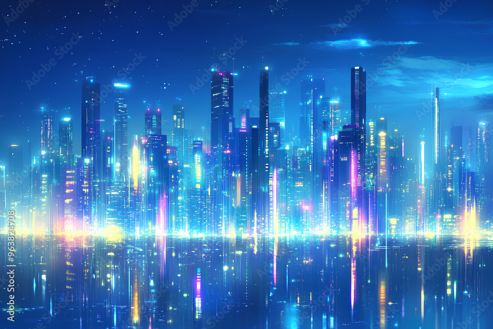 A futuristic cityscape at night with glowing lights reflected in the water. A futuristic cityscape at night with glowing lights reflected in the water.