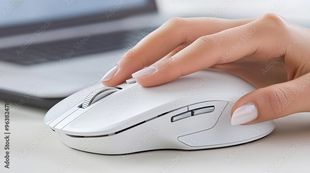 woman's hand using a sleek, white wireless mouse on a modern desk. The elegant design and smooth surface reflect productivity, minimalism, and technological ease in a professional setting woman's hand using a sleek, white wireless mouse on a modern desk. The elegant design and smooth surface reflect productivity, minimalism, and technological ease in a professional setting