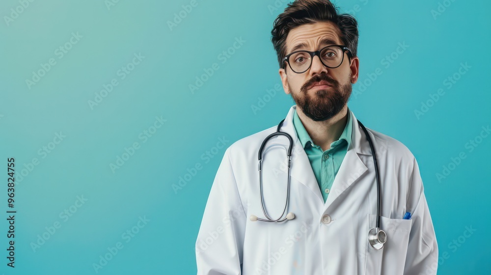 A man in a white lab coat with a stethoscope around his neck is looking at the camera with a puzzled expression A man in a white lab coat with a stethoscope around his neck is looking at the camera with a puzzled expression