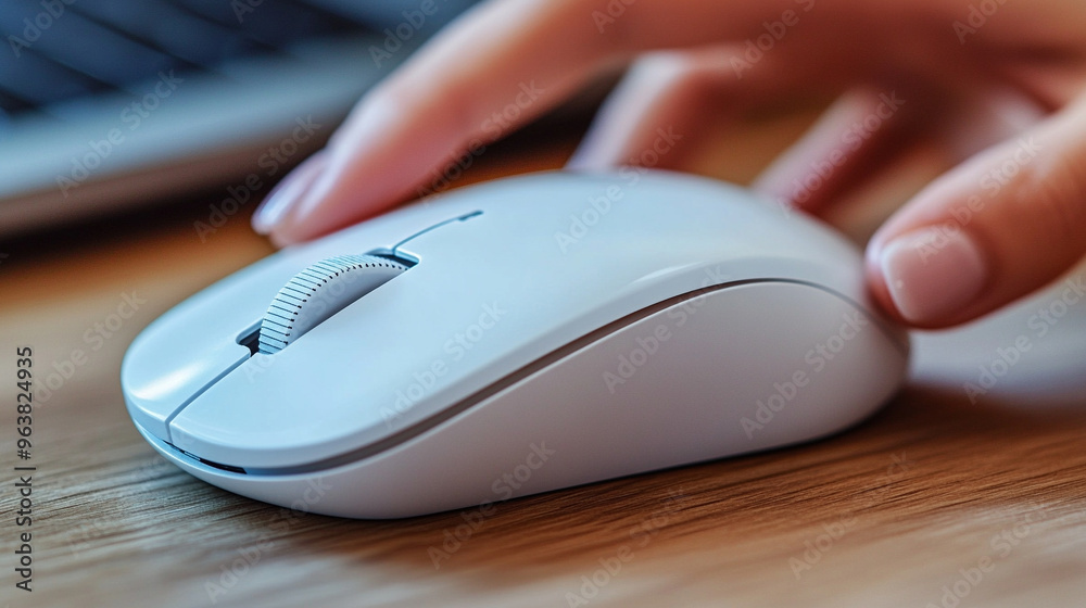 woman's hand using a sleek, white wireless mouse on a modern desk. The elegant design and smooth surface reflect productivity, minimalism, and technological ease in a professional setting woman's hand using a sleek, white wireless mouse on a modern desk. The elegant design and smooth surface reflect productivity, minimalism, and technological ease in a professional setting