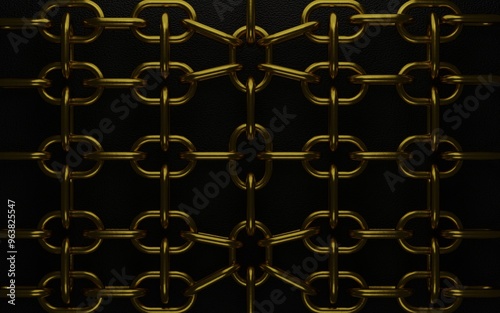 Golden Chain Mesh on Textured Black Leather Background. 3D render illustration