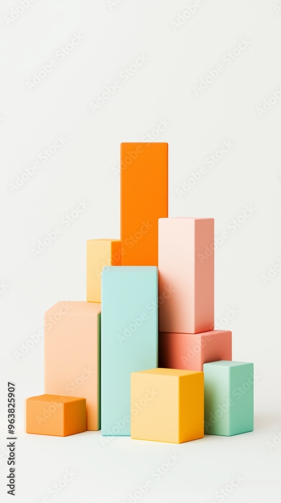 Colorful stacking blocks arranged in various heights on a light background, perfect for play and learning activities, 3d illustration. Colorful stacking blocks arranged in various heights on a light background, perfect for play and learning activities, 3d illustration.