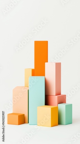 Colorful stacking blocks arranged in various heights on a light background, perfect for play and learning activities, 3d illustration.