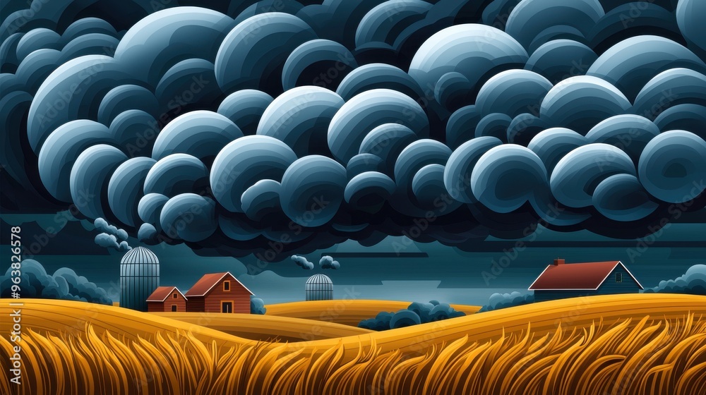 Obraz premium Dramatic Storm Clouds Over Golden Wheat Fields with Farmhouses in the Distance