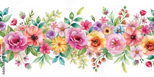 Watercolor Floral Border with Pink, Yellow, and Purple Flowers, watercolor, flowers, border, floral