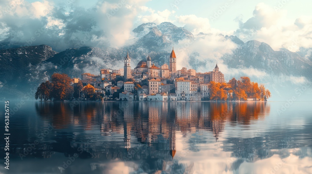 A beautiful island with a town in the middle of a lake. The water is calm and the sky is cloudy A beautiful island with a town in the middle of a lake. The water is calm and the sky is cloudy