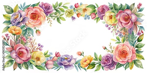 Watercolor Floral Frame with Pink, Yellow and Purple Flowers, Leaves, and Greenery, Floral Border, Watercolor Illustration, Frame