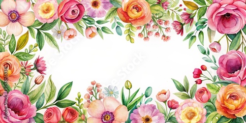 Watercolor Floral Frame with Pink, Orange, and Yellow Flowers, Watercolor, Floral Frame, Wedding Invitation, Flower Background