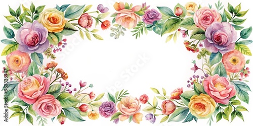 Watercolor Floral Frame with Roses, Leaves, and Berries, watercolor painting, floral frame, wedding invitation, flower bouquet