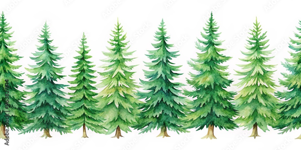Obraz premium Watercolor Green Fir Trees Seamless Border, Watercolor, Illustration, Christmas, Forest, Tree, Fir