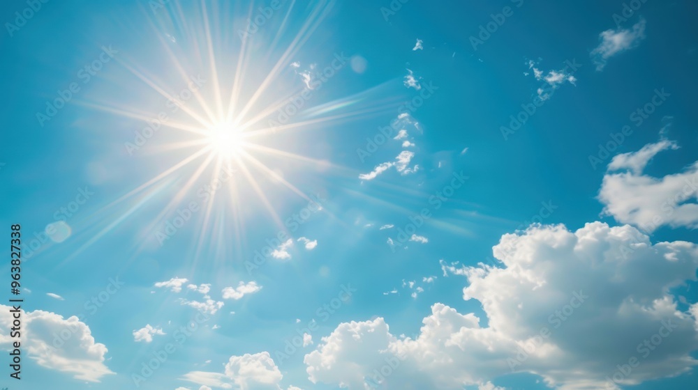 The sun radiates brilliantly, illuminating fluffy white clouds floating in a clear blue sky on a pleasant day