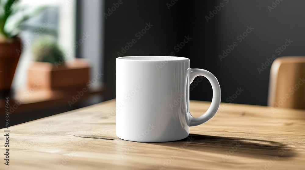 A white coffee cup sits on a wooden table. The table is in a room with a window and a potted plant A white coffee cup sits on a wooden table. The table is in a room with a window and a potted plant