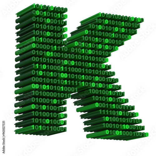 3D isometric letter K font made from binary code digits on transparent background PNG
