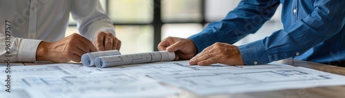 Two professionals reviewing architectural blueprints in a collaborative office environment.