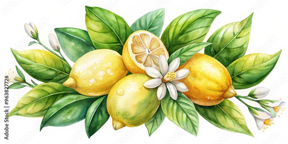 Watercolor Lemon Branch with Flowers and Leaves, Citrus, Botanical, Fruit Watercolor Lemon Branch with Flowers and Leaves, Citrus, Botanical, Fruit