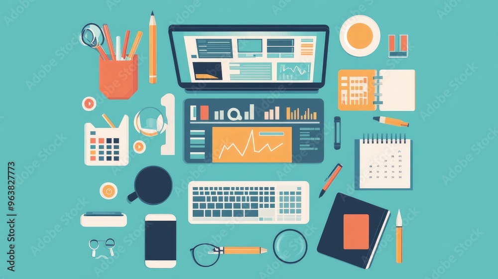Smart project management tools for remote teams, flat design, top view, tech productivity theme, animation, Split-complementary color scheme Smart project management tools for remote teams, flat design, top view, tech productivity theme, animation, Split-complementary color scheme