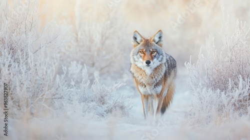 A coyote moves gracefully in a winter wonderland, surrounded by frosty vegetation and a serene snow-covered backdrop photo