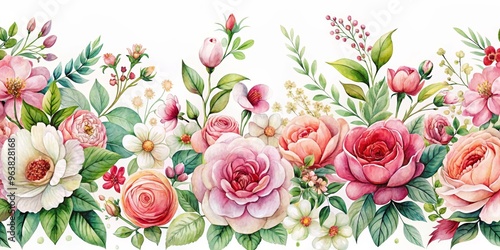 Watercolor Seamless Border with Pink Roses, Green Leaves and Small Flowers, watercolor, seamless pattern, floral border, rose, flower