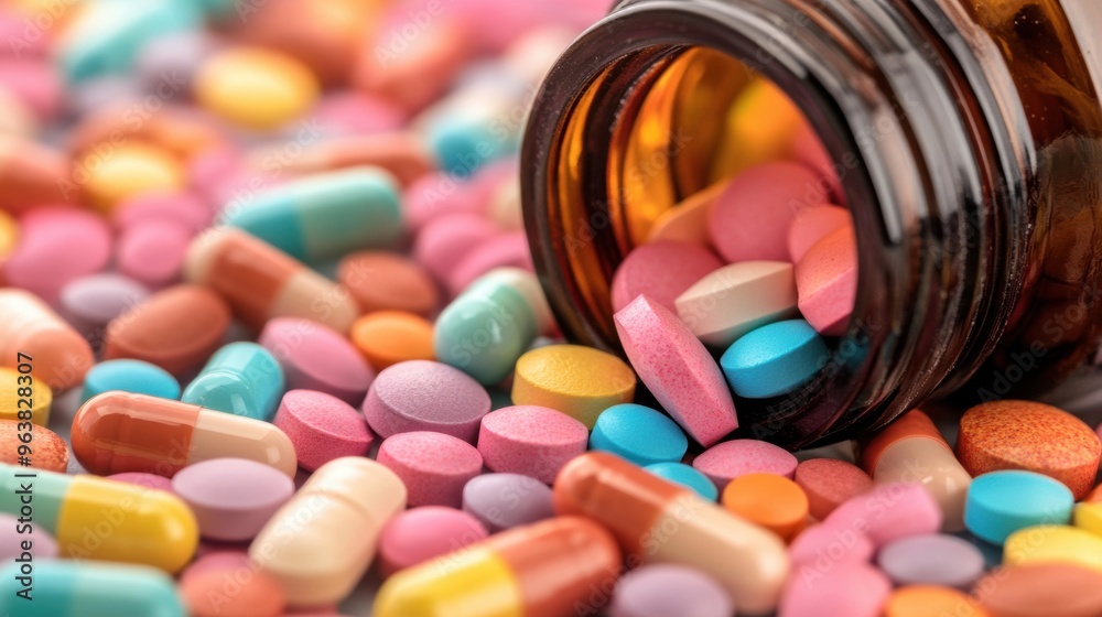 Bright, colorful pills are scattered on a surface, with an open medication bottle tipped over, showcasing various shapes and colors Bright, colorful pills are scattered on a surface, with an open medication bottle tipped over, showcasing various shapes and colors