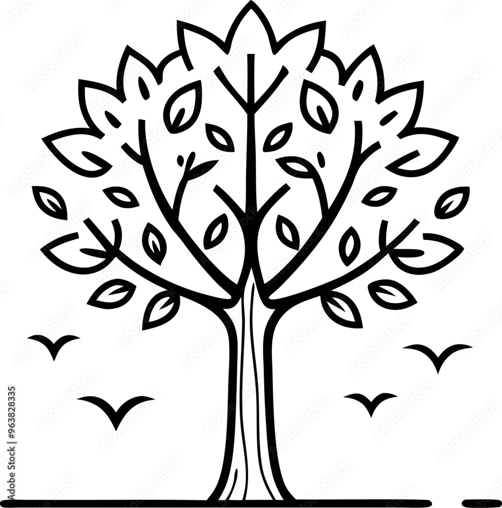 Obraz premium Elegant Tree Line Art Illustration Featuring Leaves and Birds in Flight