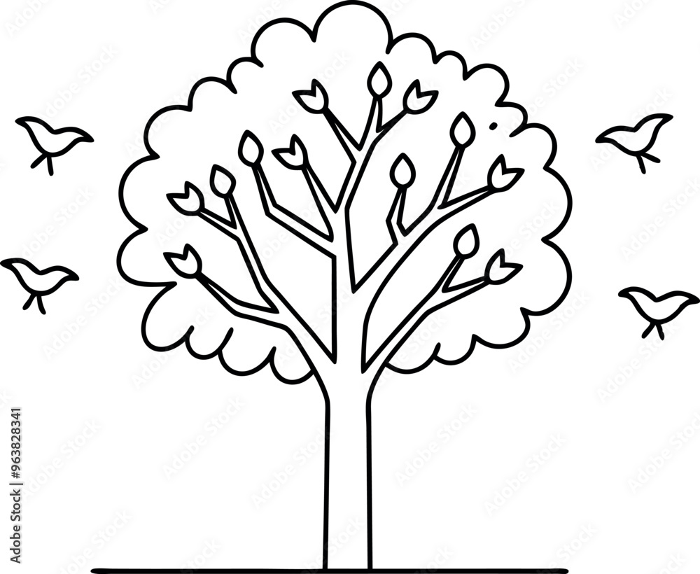 Obraz premium Minimalist Line Art of Tree with Birds in Flight Around the Branches in a Simple Black and White Design
