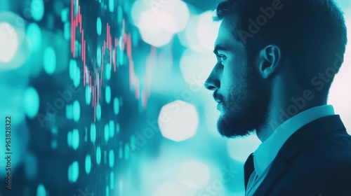 A businessman closely examines stock market graphs displayed on a digital screen while working late in a contemporary office