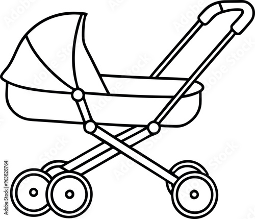 Simple Black and White Outline of a Baby Stroller with Four Wheels