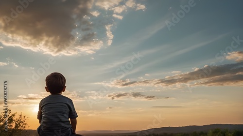 Fathers day. Back view of a little child boy sitting on his fathers shoulders holding hands and looking into the distance enjoying sunset. Father walking with son outdoors.