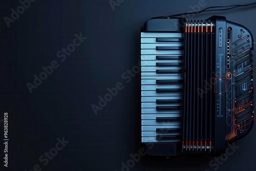 Virtual accordion, holographic melody, hightech background, dynamic design