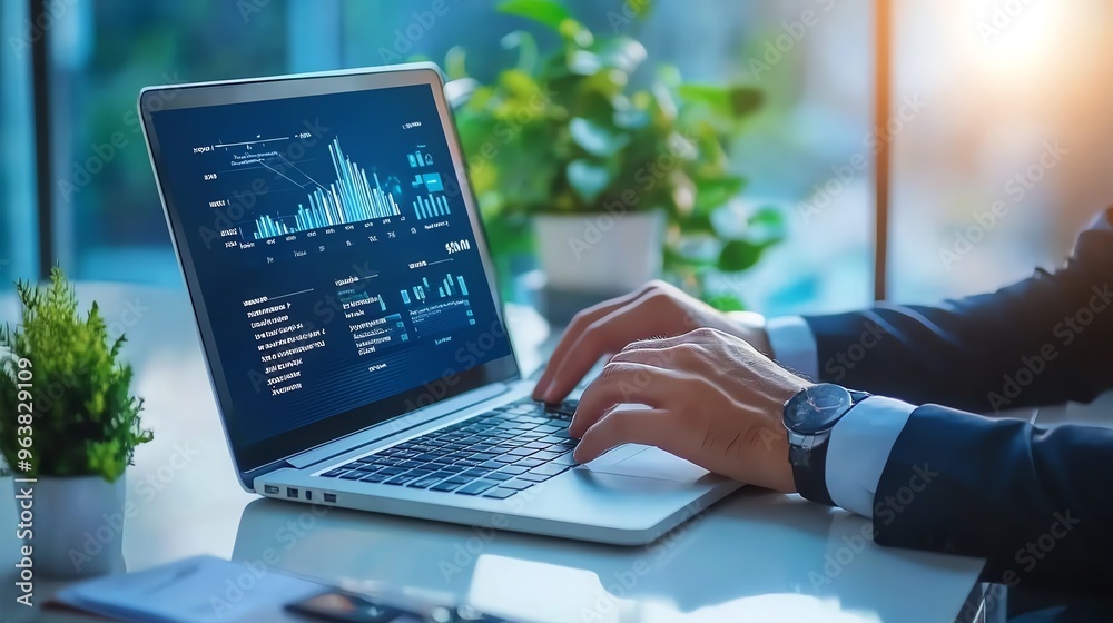 A businessman analyzes data on a laptop in a modern office setting, showcasing productivity and technology in the workplace. A businessman analyzes data on a laptop in a modern office setting, showcasing productivity and technology in the workplace.