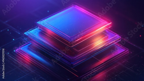 A stack of computer chips with a blue background. The chips are in different colors and are arranged in a pyramid shape. The image has a futuristic and technological vibe