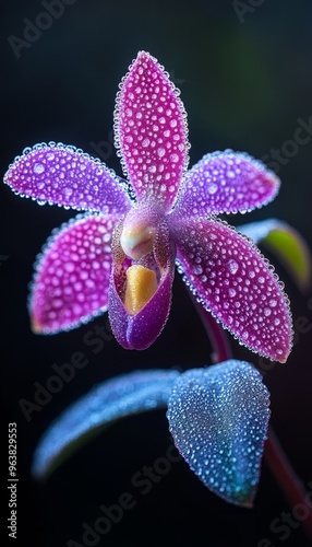 Dew-Covered Purple Orchid Blossom with Yellow Center