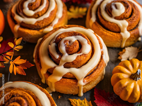 A delectable photo of freshly baked pumpkin cinnamon rolls, adorned with a dusting of powdered sugar. photo