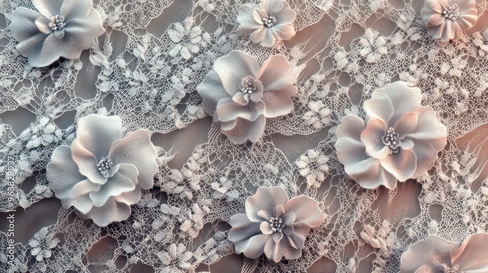 Fototapeta premium A floral patterned lace fabric with white flowers. The flowers are small and delicate, and the lace is intricately woven. Scene is elegant and feminine