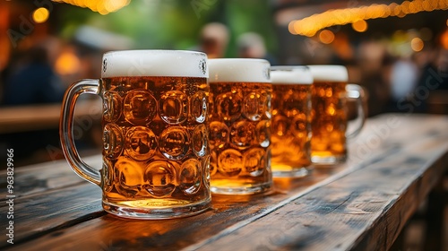 Close up of a Row of Filled Beer Mugs on a Wooden Table