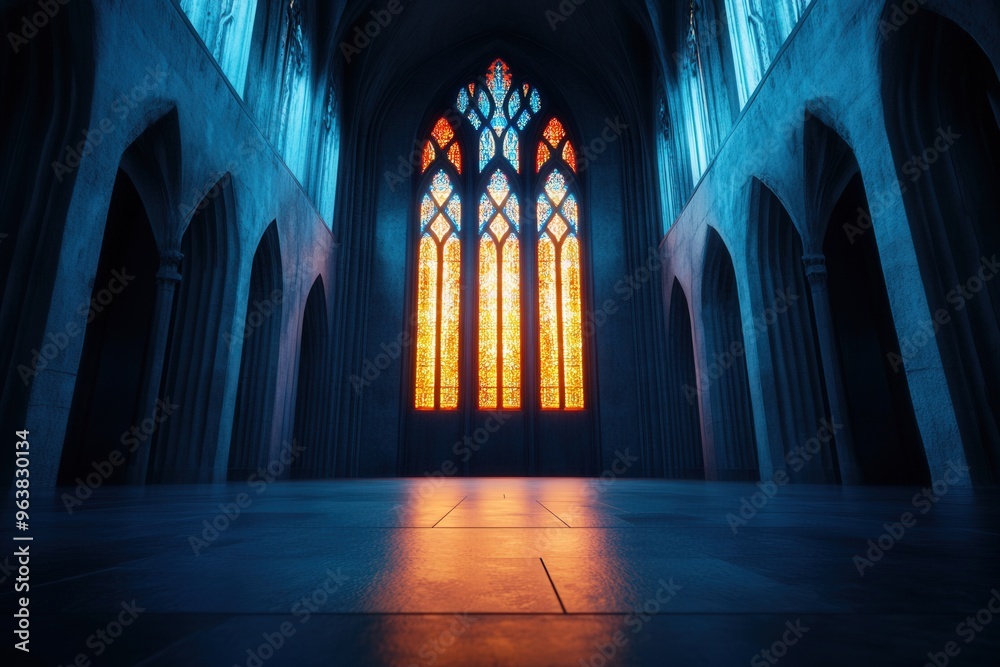 Gothic cathedral with colorful stained glass windows casting vibrant light inside, creating an ethereal and serene atmosphere. Gothic cathedral with colorful stained glass windows casting vibrant light inside, creating an ethereal and serene atmosphere.