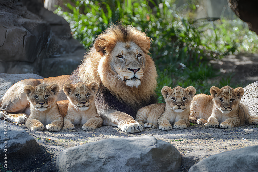A majestic lion with his four cubs, resting on a rocky surface, basking in the sun's warmth. The lion's mane is full and impressive, while his cubs are still small and playful. A majestic lion with his four cubs, resting on a rocky surface, basking in the sun's warmth. The lion's mane is full and impressive, while his cubs are still small and playful.